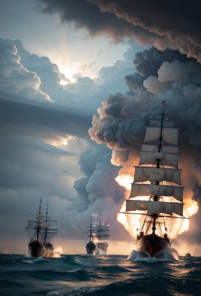 A majestic scene showing the naval battle in the Baltic Sea during the Great Northern War. Swedish and Russian ships are locked in combat, with cannonballs flying and sails torn. The waters are turbulent, reflecting the chaos of the battle. The sky is stormy, adding to the dramatic atmosphere as Russia fights to secure its access to the Baltic