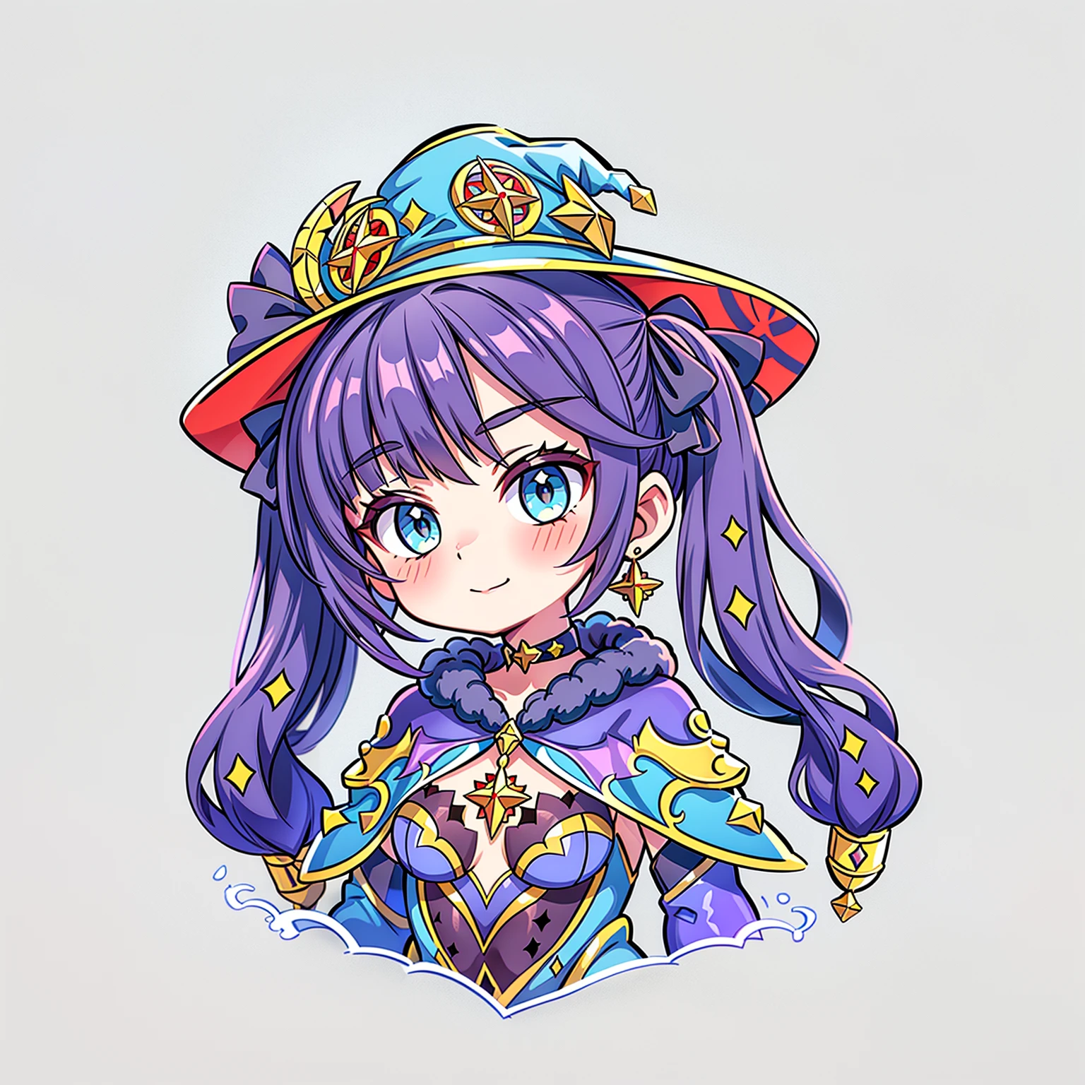 ((1girl, aamona, long hair, twintails, hair ornament, black ribbon, earrings, witch hat, purple headwear, choker, cape, fur trim, gold trim, blue leotard, detached sleeves, gloves, pantyhose, white background)), upper body, anatomically correct, small smile, details.