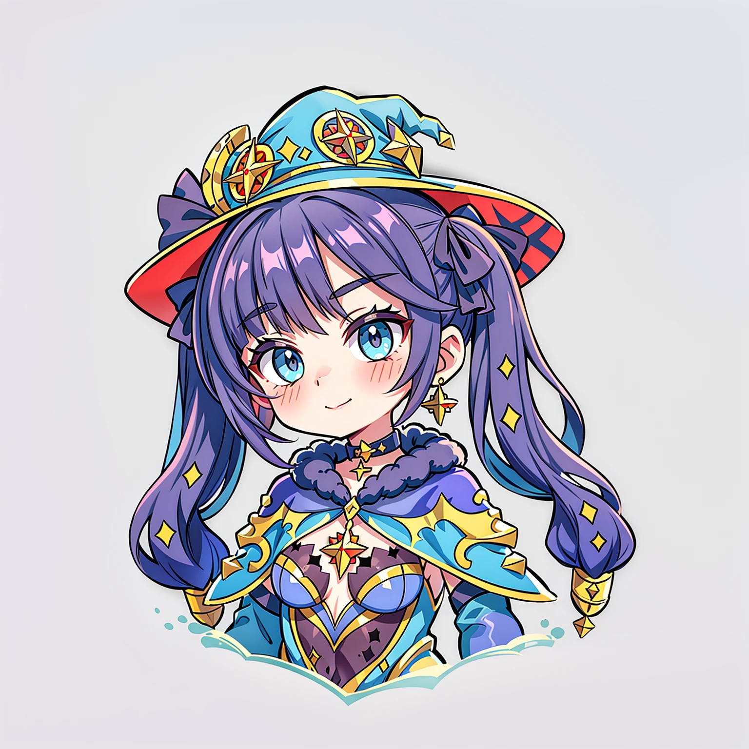 ((1girl, aamona, long hair, twintails, hair ornament, black ribbon, earrings, witch hat, purple headwear, choker, cape, fur trim, gold trim, blue leotard, detached sleeves, gloves, pantyhose, white background)), upper body, anatomically correct, small smile, details.