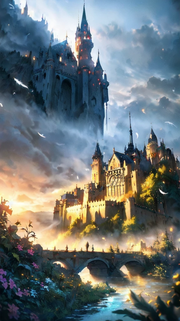 (extremely detailed CG unity 8k wallpaper),(((masterpiece))),(((best quality))),((ultra-detailed)),(best illustration),(best shadow),((an extremely delicate and beautiful)),dynamic angle,floating,The detailed castle,(((the best building))),mist encircles the mountains,fairyland,dynamic angle,classic,(detailed light),feather,nature,(sunlight),river,forest,flowers,beautiful and delicate water,(painting),(sketch),(bloom),(shine),, masterpiece,best quality,highly detailed,Amazing,finely detail,extremely detailed CG unity 8k wallpaper,score:>=60,, beautiful detailed eyes,Fine hair texture,, Cinematic Lighting,rim light,available light,light leaks,depth_of_field,blurry,