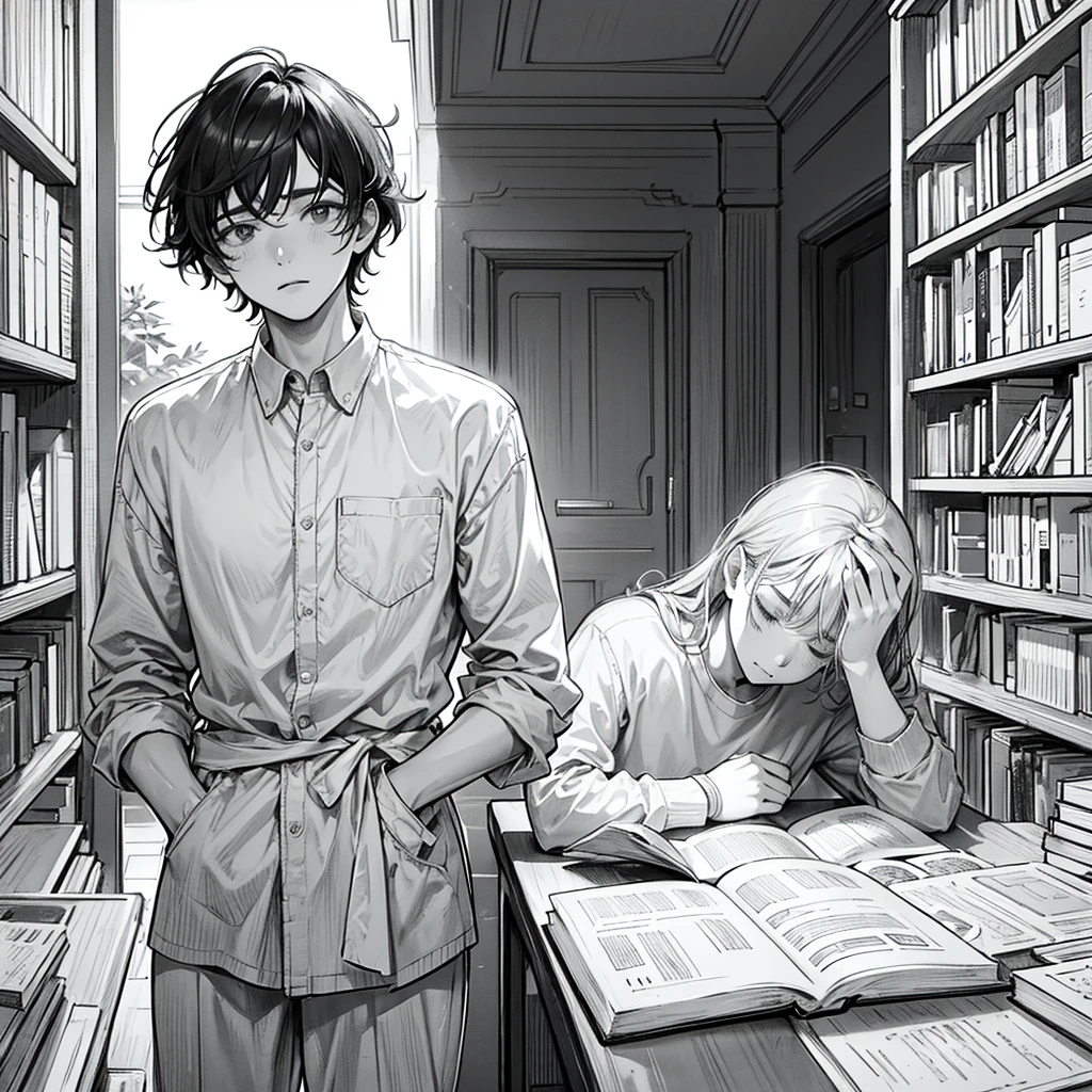 a young man with a very tired and very sleepy face after reading dozens of books in the library, messy hairstyle, only face, facial detail, expression detail, sketch, line drawing, line art, seen from the front,anatomically correct, award winning