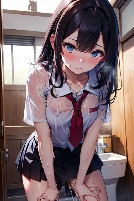 NSFW、masterpiece, 最high quality, high quality, High resolution, One girl, alone, Blue Hair, Long Hair, blue eyes, White shirt ,Black office skirt, Knee socks, whole body, Are standing、Depth of written boundary, Inside the school toilet,(((Body odor、Bad smell)))、(((Sweat)))、((((Sweat染み、Yellowing、odor))))、(((Soaking wet)))、(((((Love juice)))))、((((Detailed pussy))))、(((Sex with a man)))、((Leg spread))、(((Covered in bodily fluids)))、(((Squirting)))、