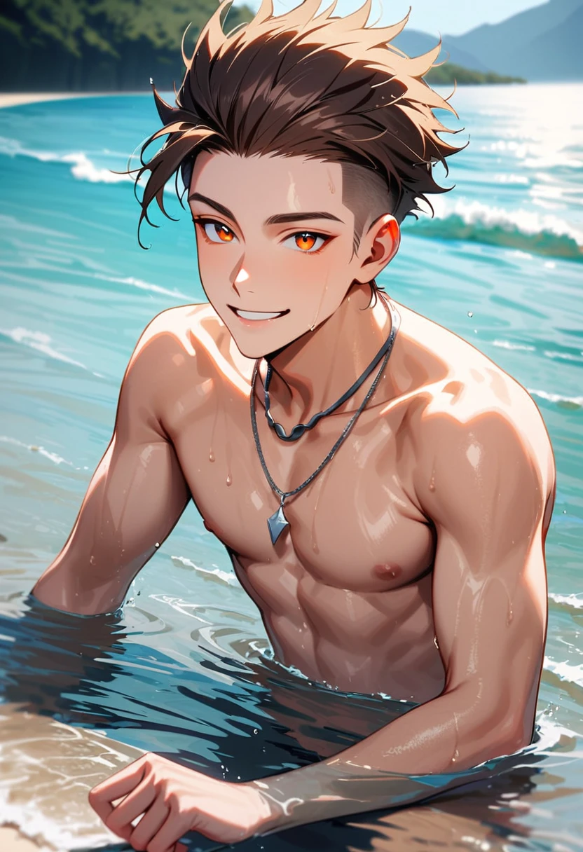 A young man, 21-years-old, solo, Caucasian, mature face, wild spiky undercut brown hair, orange eyes, cheerful smile, mouth open, no shirt, shirtless, red swimming trunks, thin silver necklace, beach, partially submerged in water, wet