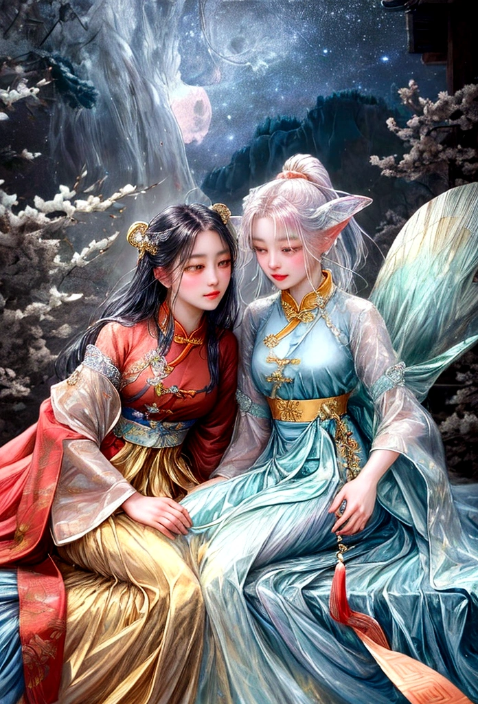 masterpiece, Highest quality: 1.4)， Detailed Background，A beautiful ancient Chinese fairy looks at the camera，streamer，Gauze cloth，Floating in the air，Elevation angle of view，The Milky Way is amazing，The full moon is empty，