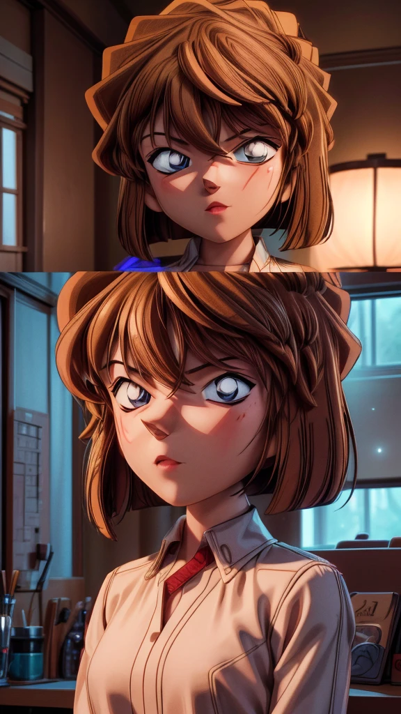 a detailed portrait of Haibara Ai, 1girl, beautiful detailed eyes, beautiful detailed lips, extremely detailed face, long eyelashes, beautiful young woman, serious expression, brown hair, lab coat, indoor setting, clean, elegant, cinematic lighting, award-winning digital art, highly detailed, photorealistic, 8k, best quality