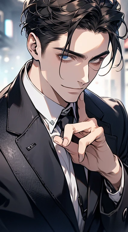 (best quality,4k,8k,highres,masterpiece:1.2),ultra-detailed,(realistic,photorealistic,photo-realistic:1.37),1 man,31 years old,mature man,very handsome,without expression,smile,short grey black hair,blue eyes,penetrating gaze,perfect face without errors,imposing posture,businessman,office background,cinematic lighting,hdr image