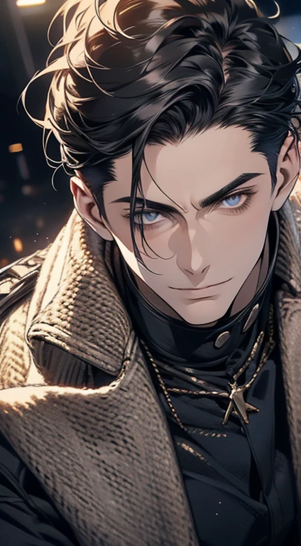 (best quality,4k,8k,highres,masterpiece:1.2),ultra-detailed,(realistic,photorealistic,photo-realistic:1.37),1 man,31 years old,mature man,very handsome,without expression,smile,short grey black hair,blue eyes,penetrating gaze,perfect face without errors,imposing posture,businessman,office background,cinematic lighting,hdr image
