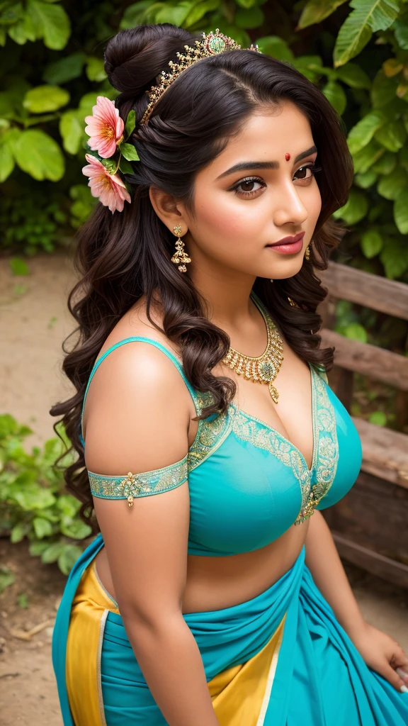 Outdoor image of 18 years in school school photo in school masterpiece, (photorealistic:1.7), best quality, beautiful lighting, Eleanor Latino Woman 20yo Old Big Breasts Plus Size Model random colour beautiful eyes extremely( hair Bun)long extreme curly hair Lifts wearing Indian flowers ethnic elegance princess transparent salwar kameez. Flowers on hair (Persian princess)),off shoulder ,bra, big wearing flower tiara on the head,from top view, selfie, extreme close up photo of curvy Latina indian, hourglass figure, swooping breasts, sexy armpits, seducing on mountains, French braid hair, necklace, sultry, winking at viewer annoyingly, teal pink lace bra and saree, night, (cinematic:1.3), intricate details, (Art Station:1.2),Tamil pretty girl, ultra realistic human skin (hair bun)