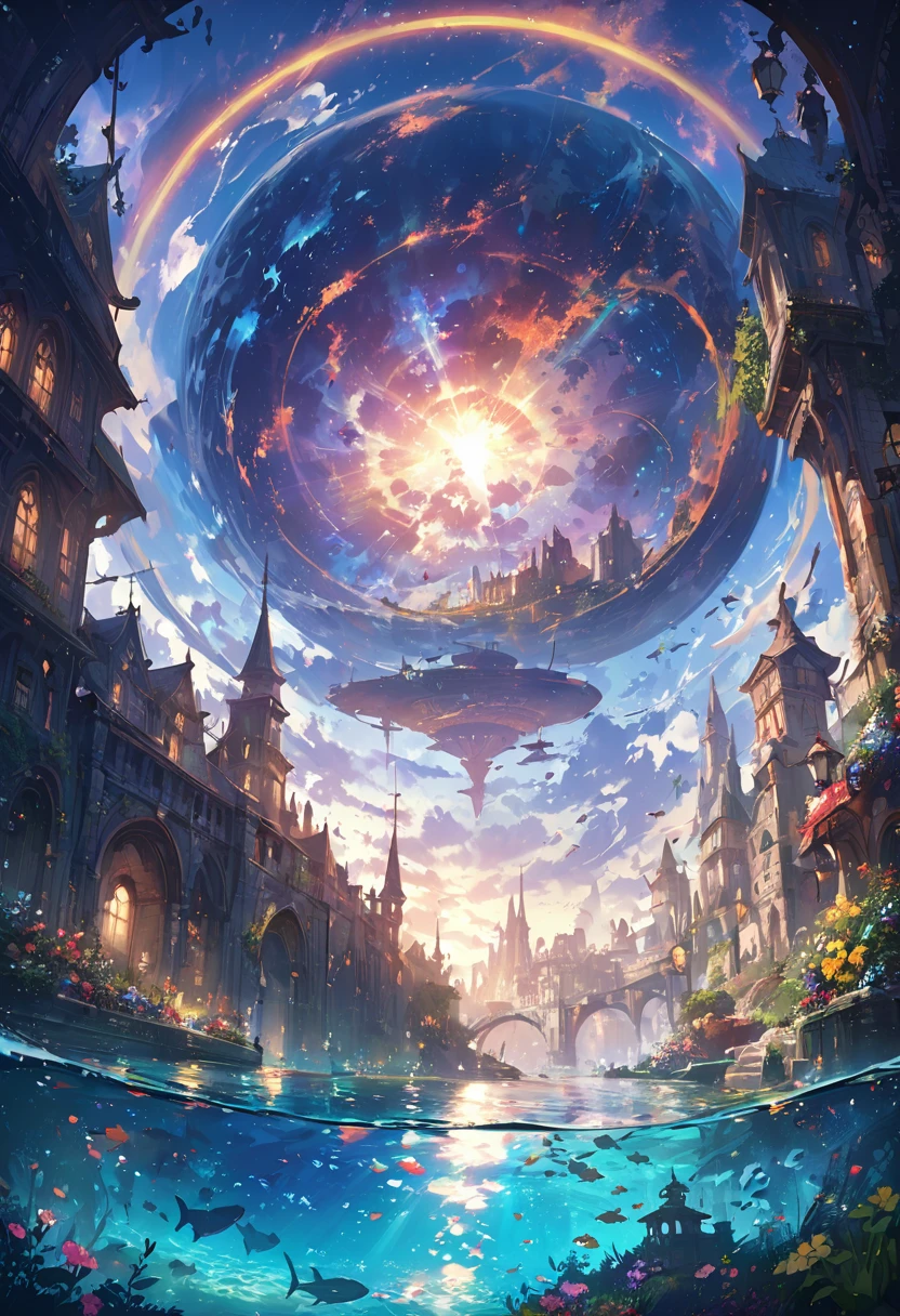 color (Fantasy: 1.2), (Hayao Miyazaki style), (Irregular Building Floating in the Sea), Patchwork Cottage, Floral decoration, Light, Concept art inspired by Andreas Rocha, Artstation Contest Winner, Fantasy art, (an underwater city), Ross Tran, Light shaft, Realistic lighting, masterpiece, high quality, Beautiful graphics, Attention to detail, masterpiece, high quality, Beautiful graphics, Attention to detail, 
