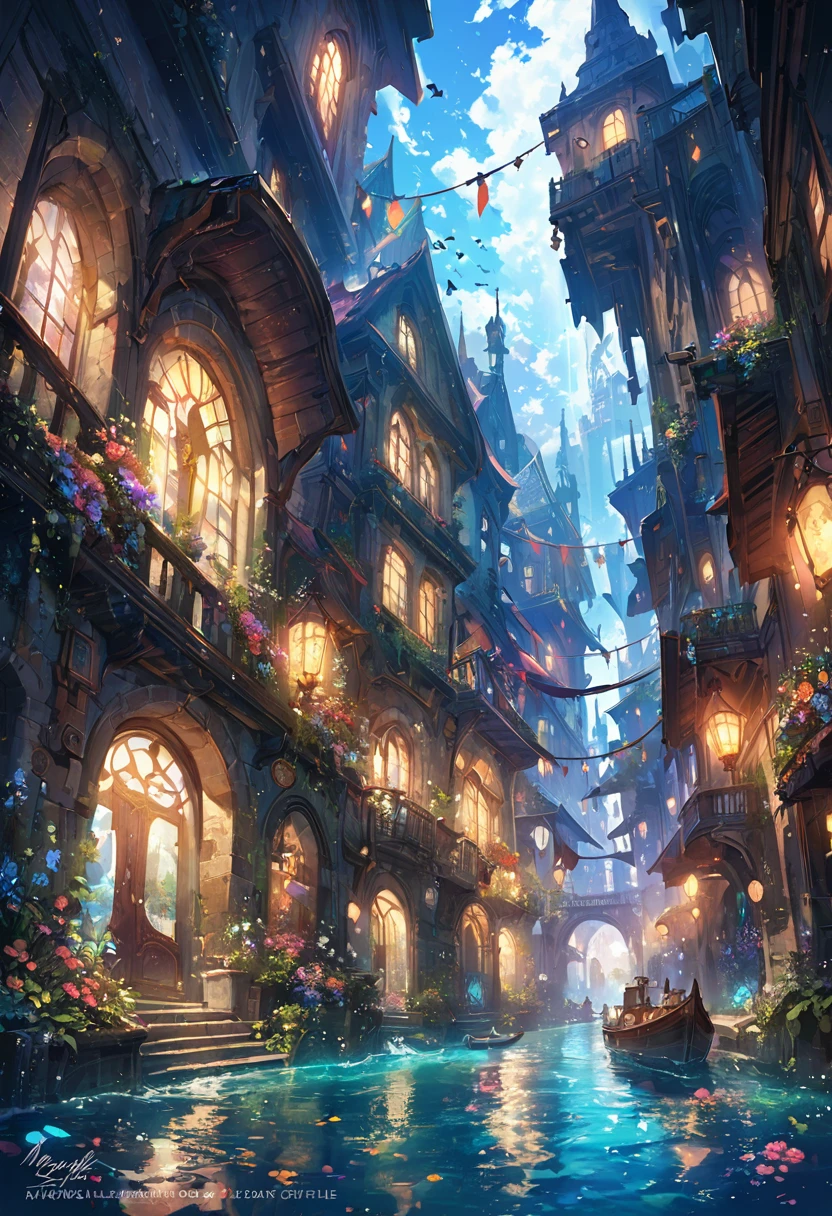 color (Fantasy: 1.2), (Hayao Miyazaki style), (Irregular Building Floating in the Sea), Patchwork Cottage, Floral decoration, Light, Concept art inspired by Andreas Rocha, Artstation Contest Winner, Fantasy art, (an underwater city), Ross Tran, Light shaft, Realistic lighting, masterpiece, high quality, Beautiful graphics, Attention to detail, masterpiece, high quality, Beautiful graphics, Attention to detail,