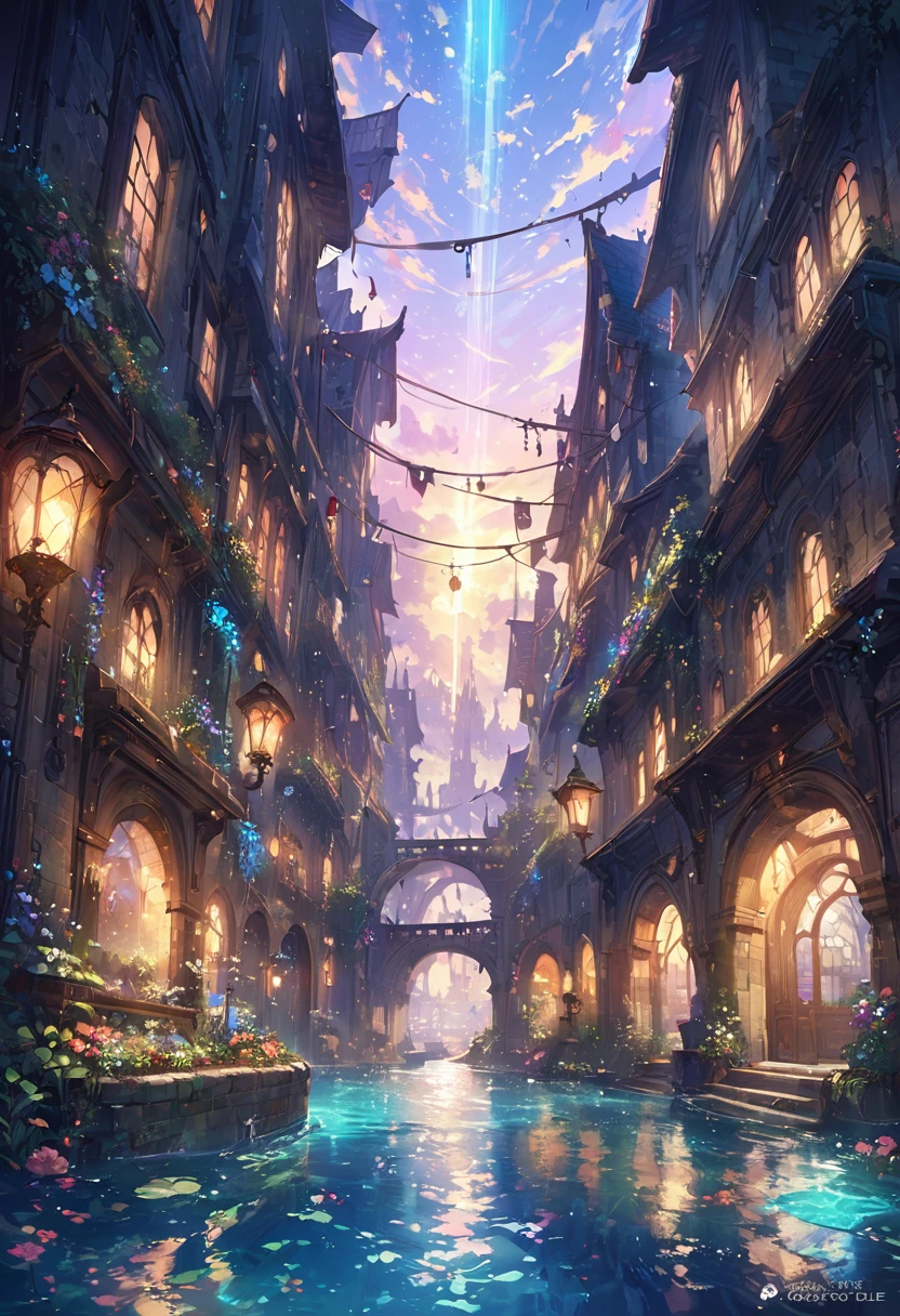 color (Fantasy: 1.2), (Hayao Miyazaki style), (Irregular Building Floating in the Sea), Patchwork Cottage, Floral decoration, Light, Concept art inspired by Andreas Rocha, Artstation Contest Winner, Fantasy art, (an underwater city), Ross Tran, Light shaft, Realistic lighting, masterpiece, high quality, Beautiful graphics, Attention to detail, masterpiece, high quality, Beautiful graphics, Attention to detail, 
