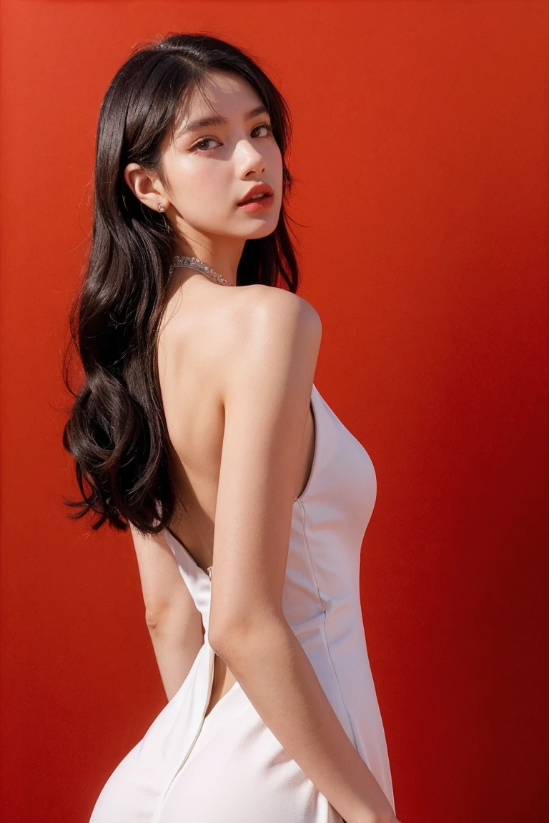 21yo girl, beautiful gown, red background,