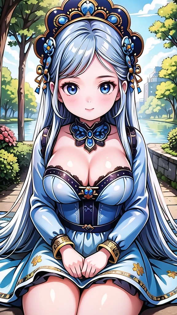(masterpiece), (best quality), illustration, Super detailed, HDR, Depth of Field, (rich and colorful), ,,This is a masterpiece that exudes exceptional quality. The illustration is ultra-detailed, Using HDR technology to create a sense of depth. The theme is original, Beautifully, and Beautifully artwork, Vivid colors,Full of fantasy elements. Girl sitting on the seashore, surrounded by running water, The background is a dark blue world tree, Located in the cemetery. The tranquil and dreamy atmosphere gives the whole scene a soulful and charming temperament. her pale complexion, Blue eyes sparkling, And silver hair dotted with flowers,It makes for a fascinating portrait. She is wearing ta style clothes, Poker face,Mouth tightly shut. Background ranges from white, transparent, Cycle Options, There are also translucent blue butterflies flying around,Adds vitality to the work.