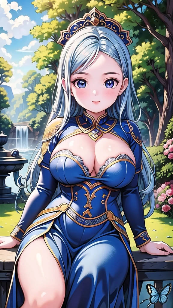 (masterpiece), (best quality), illustration, Super detailed, HDR, Depth of Field, (rich and colorful), ,,This is a masterpiece that exudes exceptional quality. The illustration is ultra-detailed, Using HDR technology to create a sense of depth. The theme is original, Beautifully, and Beautifully artwork, Vivid colors,Full of fantasy elements. Girl sitting on the seashore, surrounded by running water, The background is a dark blue world tree, Located in the cemetery. The tranquil and dreamy atmosphere gives the whole scene a soulful and charming temperament. her pale complexion, Blue eyes sparkling, And silver hair dotted with flowers,It makes for a fascinating portrait. She is wearing style clothes, Poker face,Mouth tightly shut. Background ranges from white, transparent, Cycle Options, There are also translucent blue butters flying around,Adds vitality to the work.