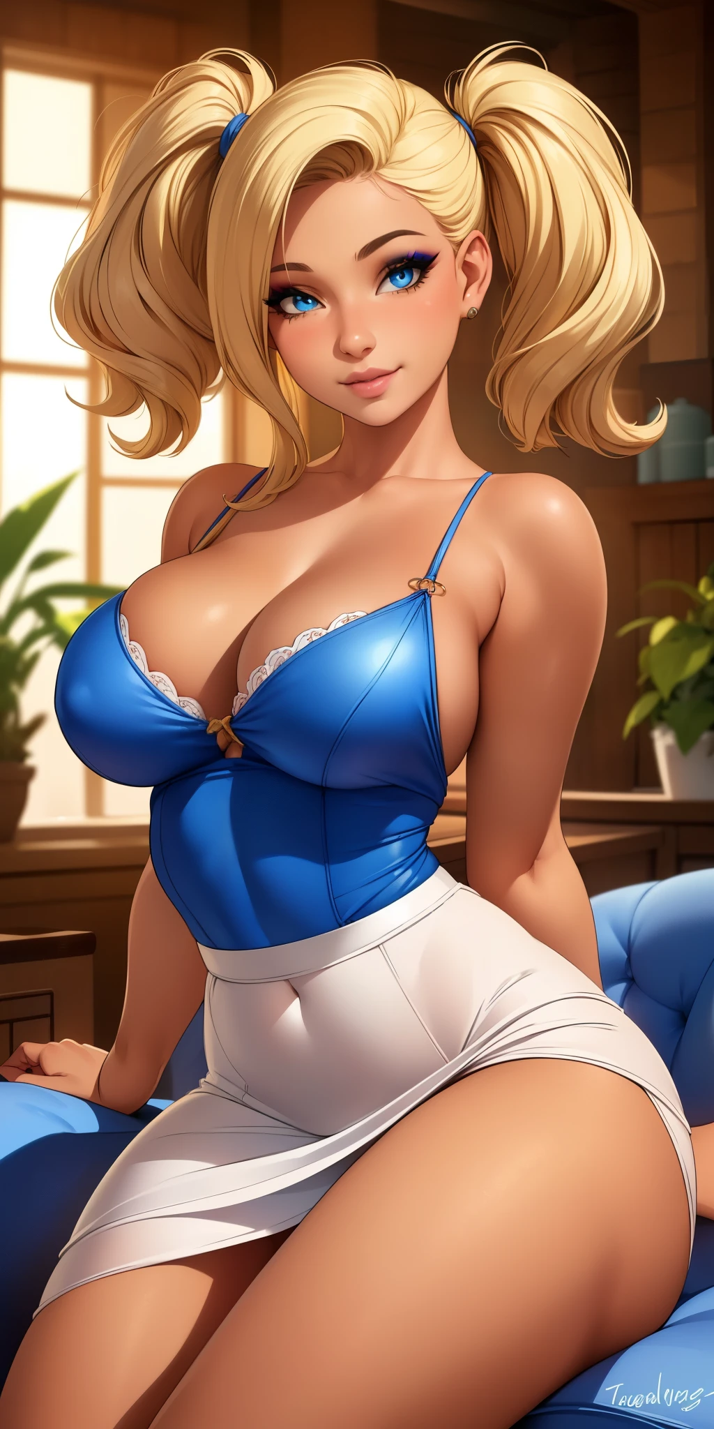 masterpiece), (portrait), medium breasts (aesthetics), ((1 19 year old girl dark skin, dark skin)), ((long hair)), ((short punk hair blonde, pigtails)), smile romantic, wavy hair, thin and open eyes, blue eyes, cute, feminine, woman, feminine features, high quality, aesthetic clothes, professional angle, (rule of thirds), feminine features, solo, (attractive Korean woman), summer, (ink mist), (afternoon), (vibrant light), seductive posture, ((face looking forward))), with thin straps, long hip hop top, beautiful fluffy skirt-dress ((Energy)), (Makeup bold), (Average breasts), Tanned skin, (Clothes with Hop hip details), (Cropped top with puffy fabric on the bust), (Beautiful neckline), beautiful body, beautiful eyes, bright eyes, seductive smile, beautiful mouth, lips beautiful, (best quality, ultra detailed, photorealistic: 1.39), bright and vibrant colors, studio lighting, romantic expression, seductive, in the house area, sofa and fireplace