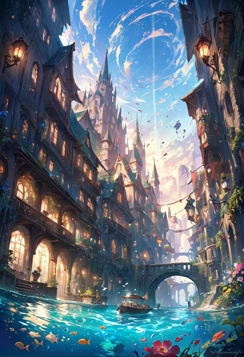 color (Fantasy: 1.2), (hayao miyazaki style), (Irregular Building Floating in the Sea), Patchwork Cottage, Floral decoration, Light, Concept art inspired by Andreas Rocha, Artstation Contest Winner, Fantasy art, (an underwater city), Ross Tran, Light shaft, Realistic lighting, masterpiece, high quality, Beautiful graphics, Attention to detail, masterpiece, high quality, Beautiful graphics, Attention to detail,