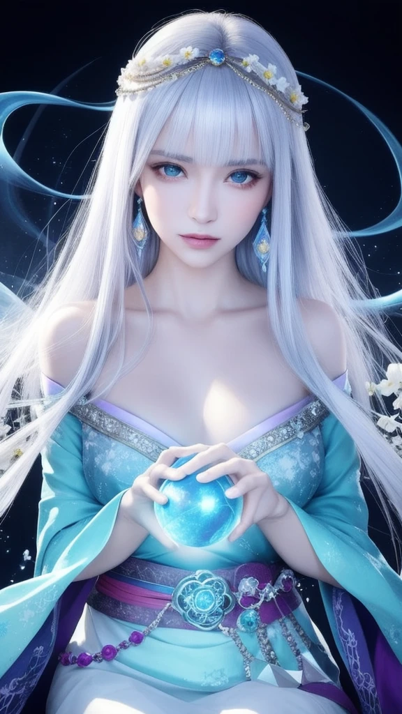 (masterpiece, top quality, 1 female, solo, exquisite details, chromatic aberration), (realistic), (skin), ((breathing)), (silver hair, blunt bangs, cropped straight long hair, short bangs, silver hair), beautiful hair, red headdress, highlights, hair on one eye, beautiful eyes, purple eyes, thick lips, earrings, piercing eyes, ((gold and white kimono)), ((symmetrical eyes)), ((perfectly symmetrical body)), ((perfectly symmetrical hands)), (purerosface_v1:0.3), full moon night, ((self, natural light))), bright lighting, flowers blooming in the background, in front of the viewer, ((central shot, from the front, (face and shoulders))), mysterious atmosphere, colorful flowers blooming around, light colored background, fortune teller in kimono, beautiful fortune teller, fortune teller, Fantasy female fortune teller, female fortune teller, fantasy photography, Japanese style, fortune teller in kimono, elegant cinematic fantasy art, fantasy woman, magician portrait, fortune teller, powerful wizard surrounded by mystical colorful flowers, holding a glowing heart crystal ball, eyes glowing with mystical energy, spells leaking from her mouth, vivid swirls of sorcery pulsating with iridescent hues appear in the air, magic permeates, flowers bloom, sacred creatures gaze in awe, threads of magical energy dance, reveal hidden realms, unravel secrets, capture the essence of this enchanting moment and bring to life the mysterious power of sorcery on a canvas of the highest quality and finest detail. Top Quality, Masterpiece, Ultra High Resolution, (Photorealistic: 1.4), RAW Photo, Sharp Focus, High Resolution, Detailed Skin.