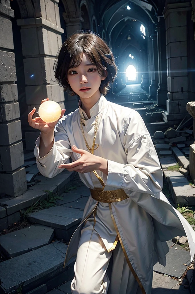 With a ball of light in his hand、A young magician floating and shining,  In the ruins