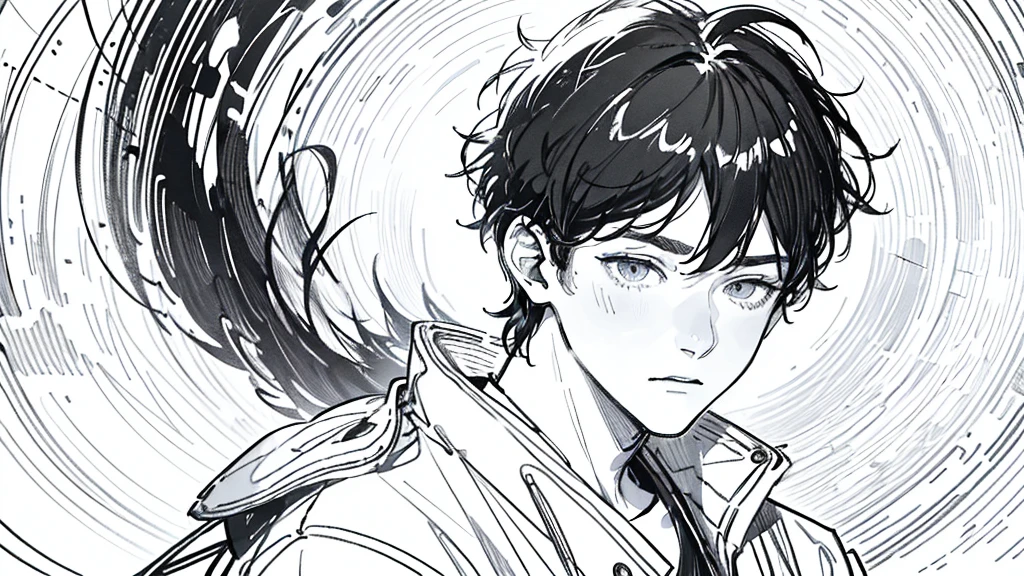 face of a young man with a very tired and sleepy expression, with very swollen eyes, messy hairstyle, just dude, facial detail, expression detail, outline, line drawing, line art, seen from the front,,anatomically correcte, awardwinning