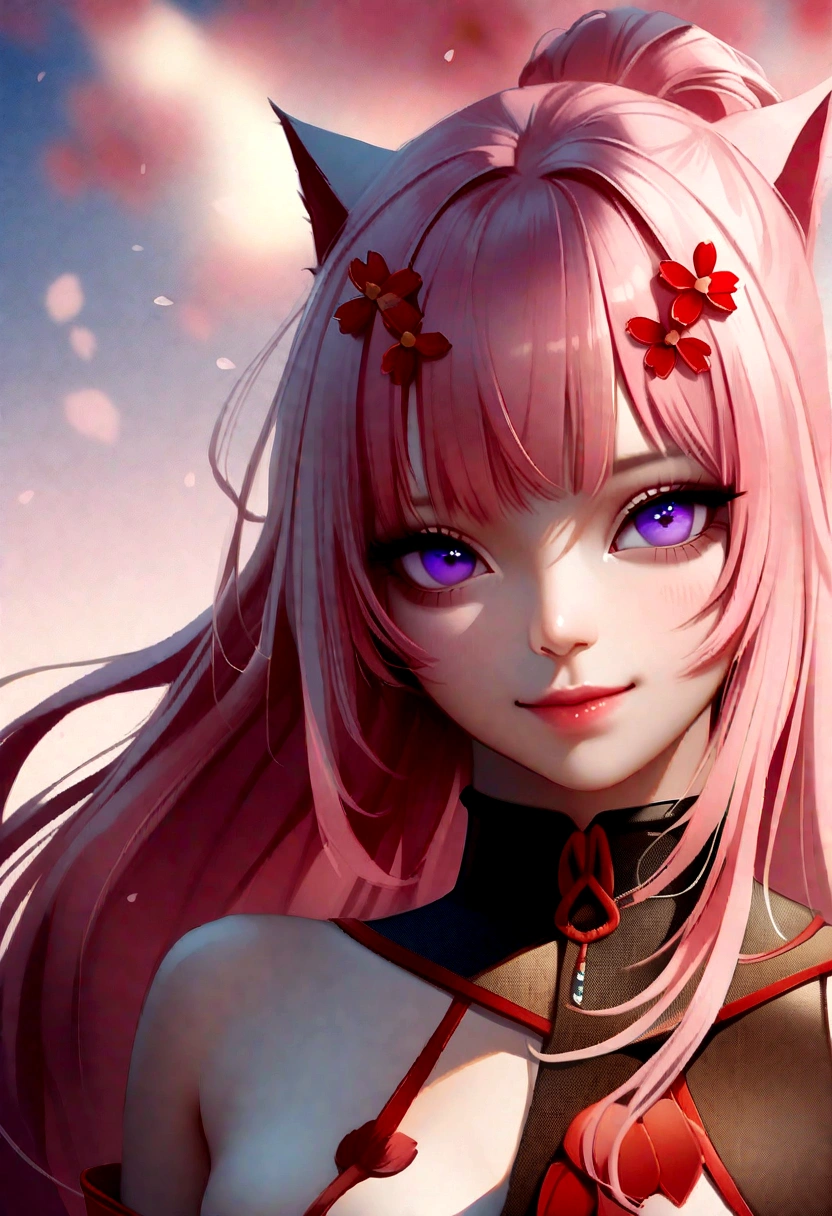1girl, realistic, (looking at viewer:1), (ulzzang-6500:0.66), thighs, bare legs, dappled sunlight, best quality, ultra high res, (photorealistic:1.4), YaeMiko, fox ears, short hair, pink hair, yae_sakura, jewelry, cherry blossoms, (smile:1), bare_shoulders, hair_ornament, purple_eyes, , detached_sleeves, , detailed eyes,, (light smile:1), , (small breasts:1.4), , (bare upper body:1.4), , (puffy nipples:1),, arms behind back,