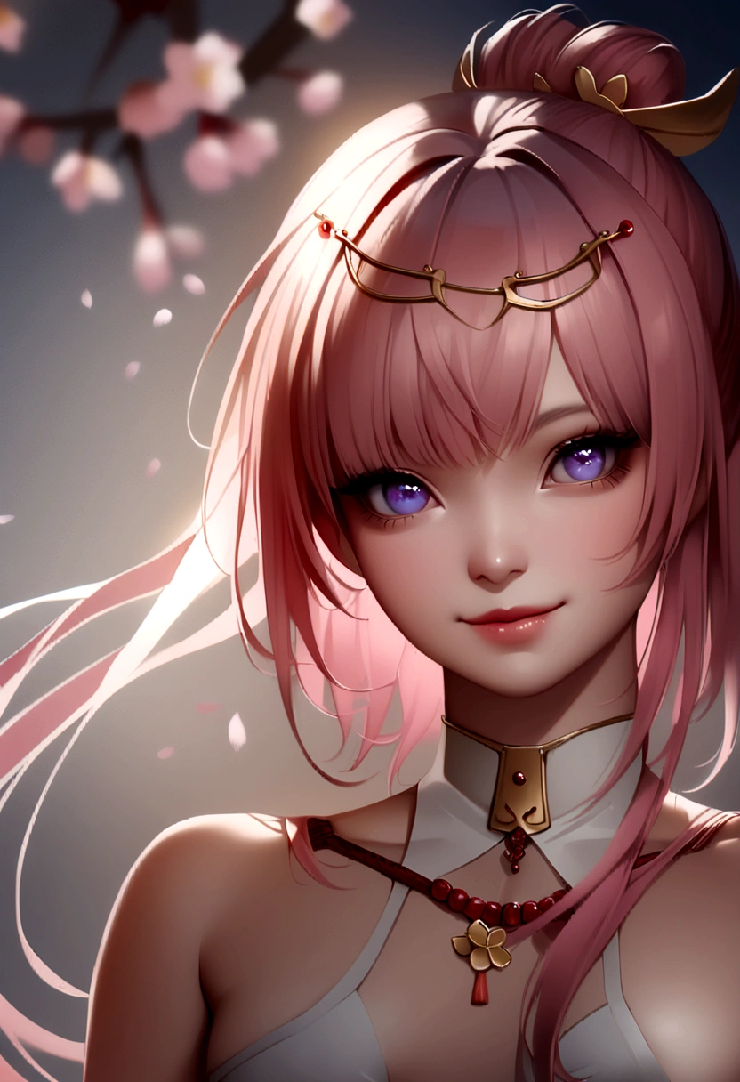 1girl, realistic, (looking at viewer:1), (ulzzang-6500:0.66), thighs, bare legs, dappled sunlight, best quality, ultra high res, (photorealistic:1.4), YaeMiko, fox ears, short hair, pink hair,  yae_sakura, jewelry, cherry blossoms, (smile:1), bare_shoulders, hair_ornament, purple_eyes,  , detached_sleeves, , detailed eyes,, (light smile:1), , (small breasts:1.4), , (bare upper body:1.4), , (puffy nipples:1),, arms behind back,