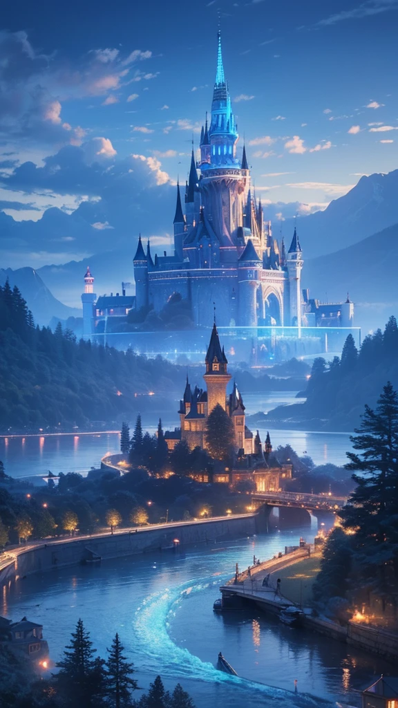 (magical pretty null blue stream overlay scene), (null), (cloud), Soft lighting, Clean background, beautiful null scenery, masterpiece, high quality, Beautiful graphics, High detail,By Thomas Kinkade, Art Station, Sharp focus, Inspiring 8k wallpapers, floating castle above the lake