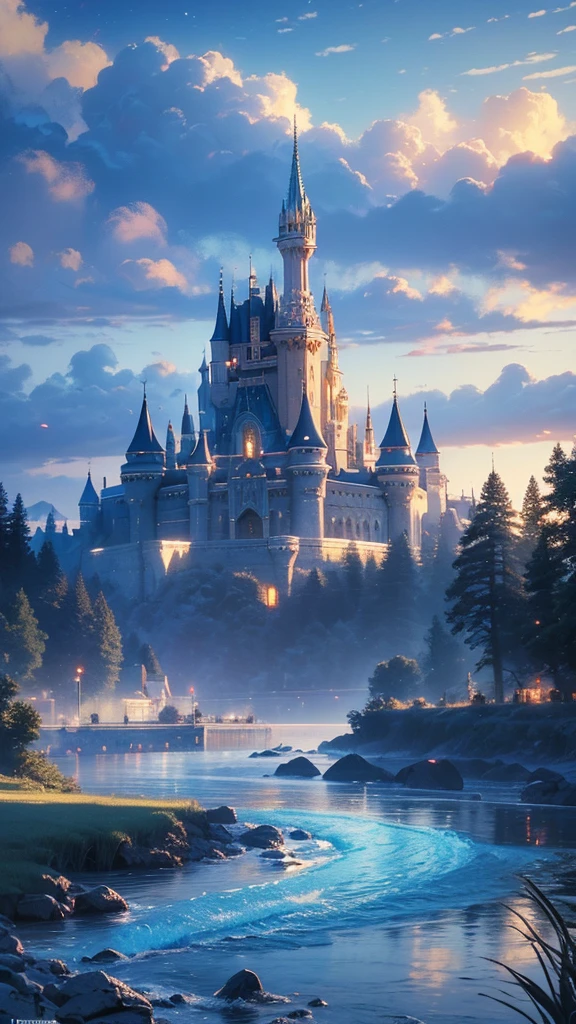 (magical pretty null blue stream overlay scene), (null), (cloud), Soft lighting, Clean background, beautiful null scenery, masterpiece, high quality, Beautiful graphics, High detail,By Thomas Kinkade, Art Station, Sharp focus, Inspiring 8k wallpapers, floating castle above the lake