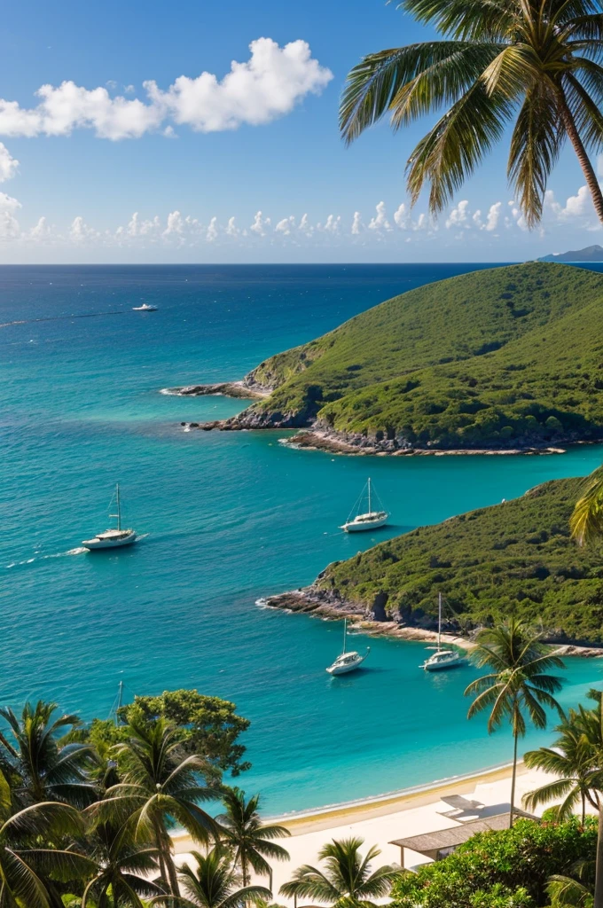view from a resort on and island, green emerald sea and boats at the anchor