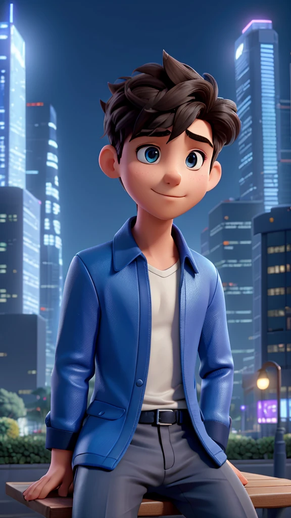 A highly productive boy with a seductive figure is sitting on a bench in a futuristic city park in the year 2050, holding a holographic tablet, with a backdrop of minimalist buildings and neon trees. The camera faces him directly, highlighting him focused expression.