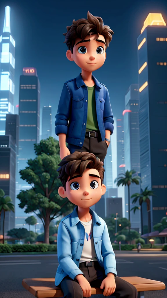 A highly productive boy with a seductive figure is sitting on a bench in a futuristic city park in the year 2050, holding a holographic tablet, with a backdrop of minimalist buildings and neon trees. The camera faces him directly, highlighting him focused expression.
