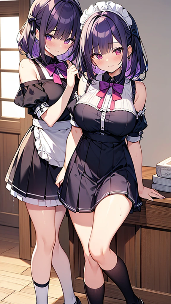 最high quality, high quality, Super detailed, 32k, Ultra-detailed details, 2 girls, With maid(only, pretty girl, beautiful purple hair, Beautiful purple eyes, Big Breasts, A light smile, Red eyes, Off-the-shoulder sleeveless Summer clothes, Summer casual maid clothes, Short skirt, Blue and white color striped underwear, Black knee socks, My crotch is wet with love juice, 18-year-old,cute), with my sister(13歳, 顔の皮を剥がされた, Chest is medium, , Junior high school uniform), {{Witness the maid peeling off the skin of her sister's face and replacing it with her own}}, NSFW