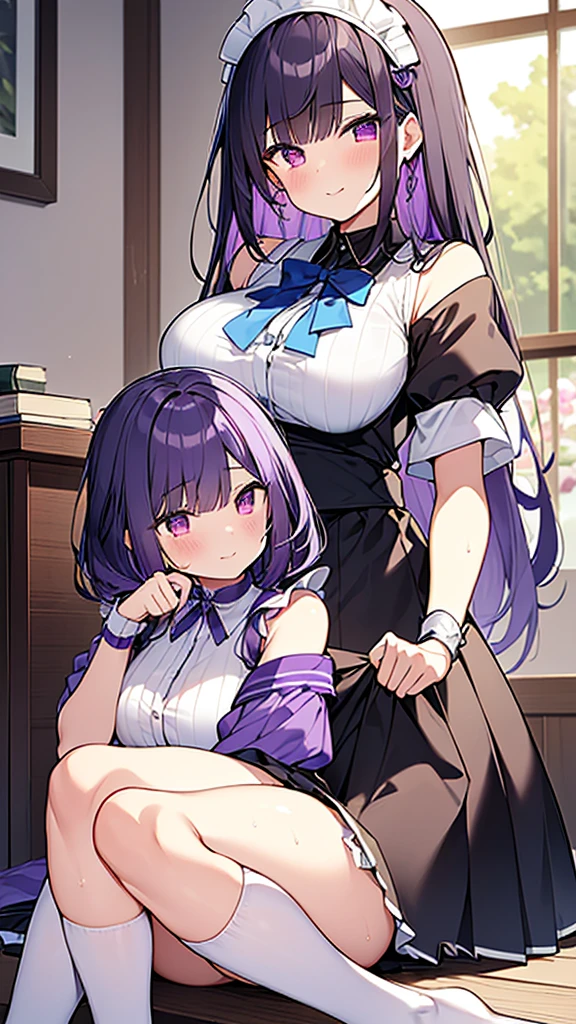 最high quality, high quality, Super detailed, 32k, Ultra-detailed details, 2 girls, With maid(only, pretty girl, beautiful purple hair, Beautiful purple eyes, Big Breasts, A light smile, Red eyes, Off-the-shoulder sleeveless Summer clothes, Summer casual maid clothes, Short skirt, Blue and white color striped underwear, Black knee socks, My crotch is wet with love juice, 18-year-old,cute),  with my sister(13歳, 顔の皮を剥がされた, Chest is medium, , Junior high school uniform), {{Witness the maid peeling off the skin of her sister&#39;s face and replacing it with her own}}, NSFW