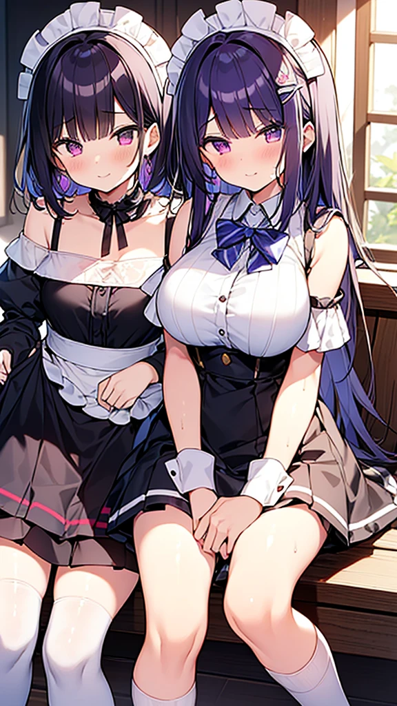 最high quality, high quality, Super detailed, 32k, Ultra-detailed details, 2 girls, With maid(only, pretty girl, beautiful purple hair, Beautiful purple eyes, Big Breasts, A light smile, Red eyes, Off-the-shoulder sleeveless Summer clothes, Summer casual maid clothes, Short skirt, Blue and white color striped underwear, Black knee socks, My crotch is wet with love juice, 18-year-old,cute),  with my sister(13歳, 顔の皮を剥がされた, Chest is medium, , Junior high school uniform), {{Witness the maid peeling off the skin of her sister&#39;s face and replacing it with her own}}, NSFW