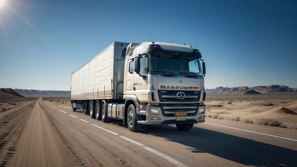  lateral of the lorry (best quality,4k,8k,highres,masterpiece:1.2),ultra-detailed,(realistic,photorealistic,photo-realistic:1.37),rugged truck, dusty road, vast desert landscape, dramatic lighting, warm color tones, rolling hills, shimmering horizon, sand dunes, clear blue sky, wispy clouds