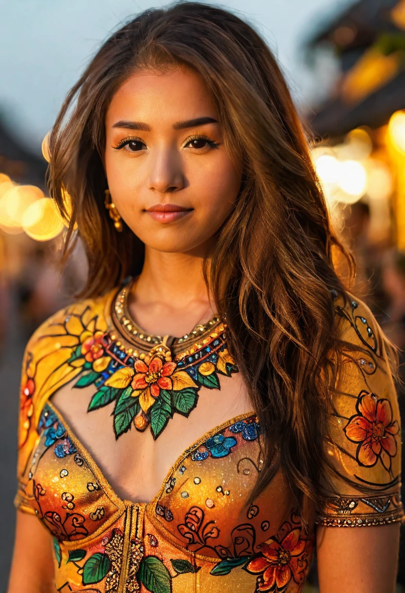 pokimanelol ,((full Body-painted)), body painr art, floral,highly detailed,full body view, (Perfect Hands), ((perfect eyes)),skin textures, detailed eyes,raw format, intricate details, high-resolution image,vivid paint colors,street photography,golden hour, natural light,High resolution,dusk setting,warm color tone, blurred background, shallow depth of field, dusk lighting