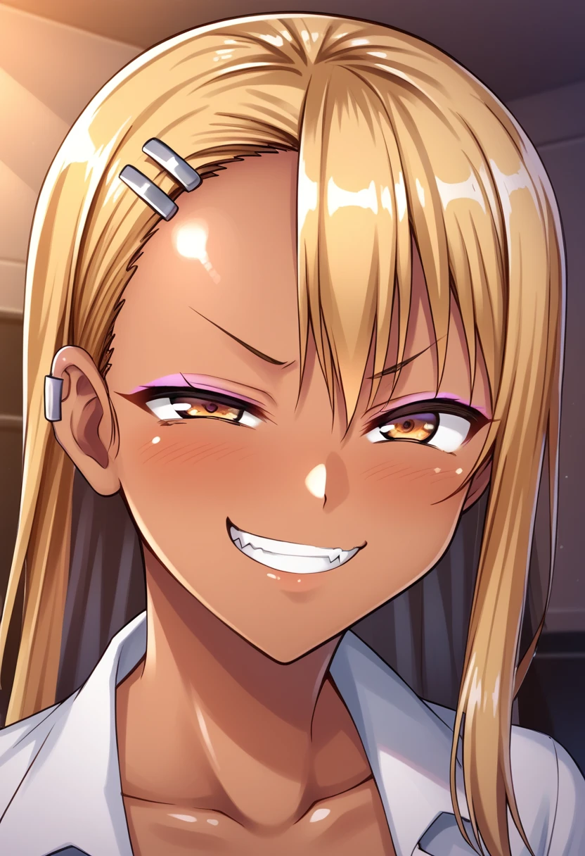 Score_9, score_8_up, score_7_up, source_anime, solo, 1girl, nagatoro hayase, smug, hair pin, dark skin, dark-skinned female, makeup, eyeshadow, Gyaru, tanned skin, shiny skin, metallic tan,