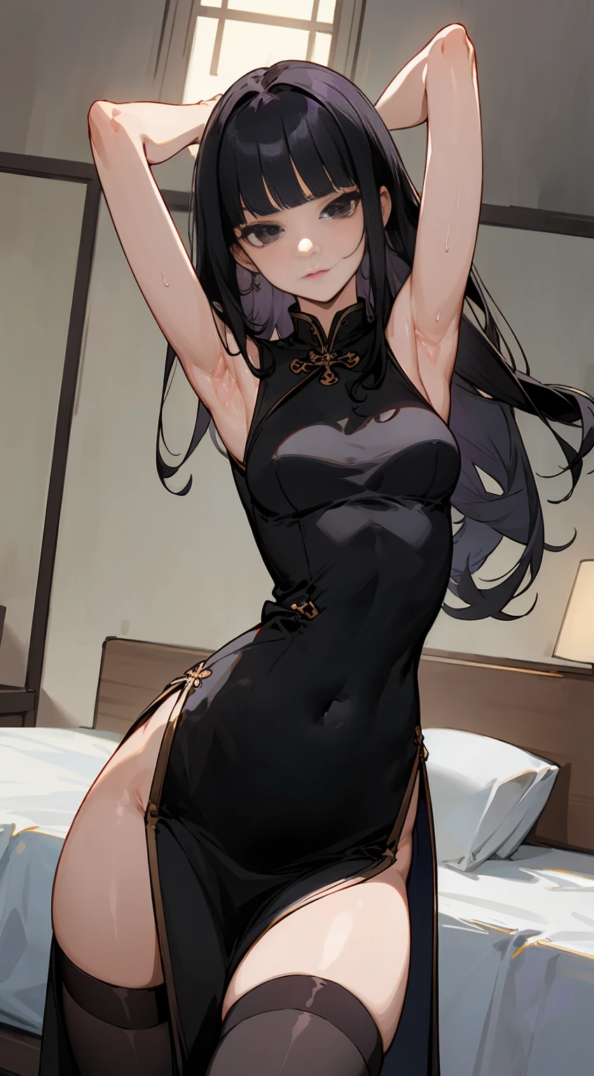 masterpiece, best quality face、beautiful detailed line、Perfect Anatomy, 1woman,solo,cowboy shot,20 year old beauty,black hair,long hair,blunt bangs,black eyes ,slender body,ideal ratio body proportions,medium breasts,short black cheongsam dress、sleeveless、deep slit,thigh_gap, black_thighhighs,standing,simple bedroom、indoor lighting、simple hotel、purple panties, arms up, detailed armpits, detailed panties, sweaty