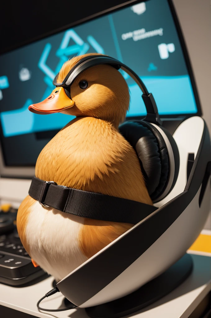 A duck with gaming headphones 