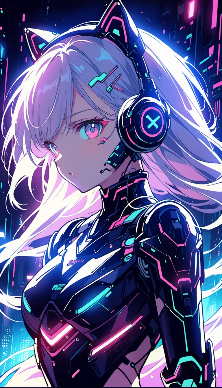 Anime girl in futuristic outfit with cat ears and headphones, Cute Cyborg Girl, Digital Cyberpunk Anime Art, Cyberpunk Anime Girl mech, female Cyberpunk Anime Girl, Cyberpunk Anime Girl, Beautiful girl cyborg, Perfect android girl, anime cyberpunk art, Portrait Anime Astronaut Girl, Dreamy Cyberpunk Girl, Digital Cyberpunk - Anime Art, Girl wearing mecha cyber armor, Cyberpunk beautiful girl