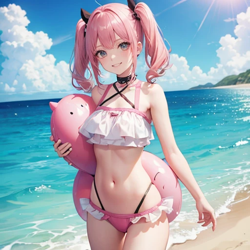 Pink Haired Girl Ocean High cut swimsuit small thin Fearless Smile Twin tails