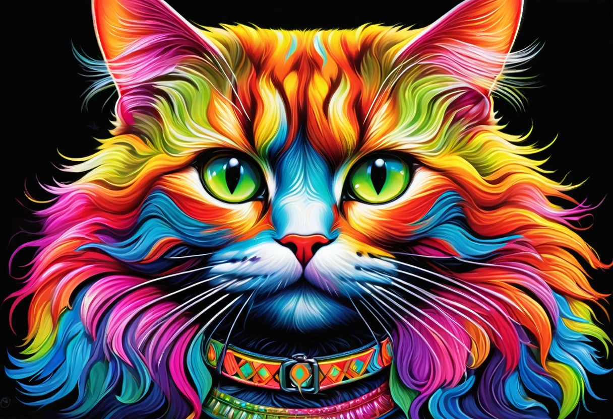 brightly colored Cat painting on black background with colorful collar, Airbrushed by Muggur, Behance Contest Winner, fur art, Colourful and detailed, beautiful neon Cats, awesome Cat, a painting of a Cat, Cat design, Digital Painting highly detailed, Cat. Digital Painting, highly detailed Digital Painting, painting of a Cat, Highly detailed digital art