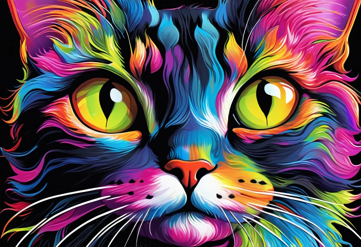 brightly colored Cat painting on black background with colorful collar, Airbrushed by Muggur, Behance Contest Winner, fur art, Colourful and detailed, beautiful neon Cats, awesome Cat, a painting of a Cat, Cat design, Digital Painting highly detailed, Cat. Digital Painting, highly detailed Digital Painting, painting of a Cat, Highly detailed digital art