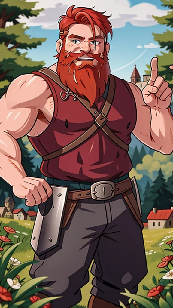 Ingólfr Einarr is a 40-year-old red-haired Viking man with a full beard, outgoing, muscular and very attractive, who wears his imposing medieval armor. hyper detailed and super realistic. cartoon style. Ingólfr Einarr is winking and pointing with his finger, happiness and joy