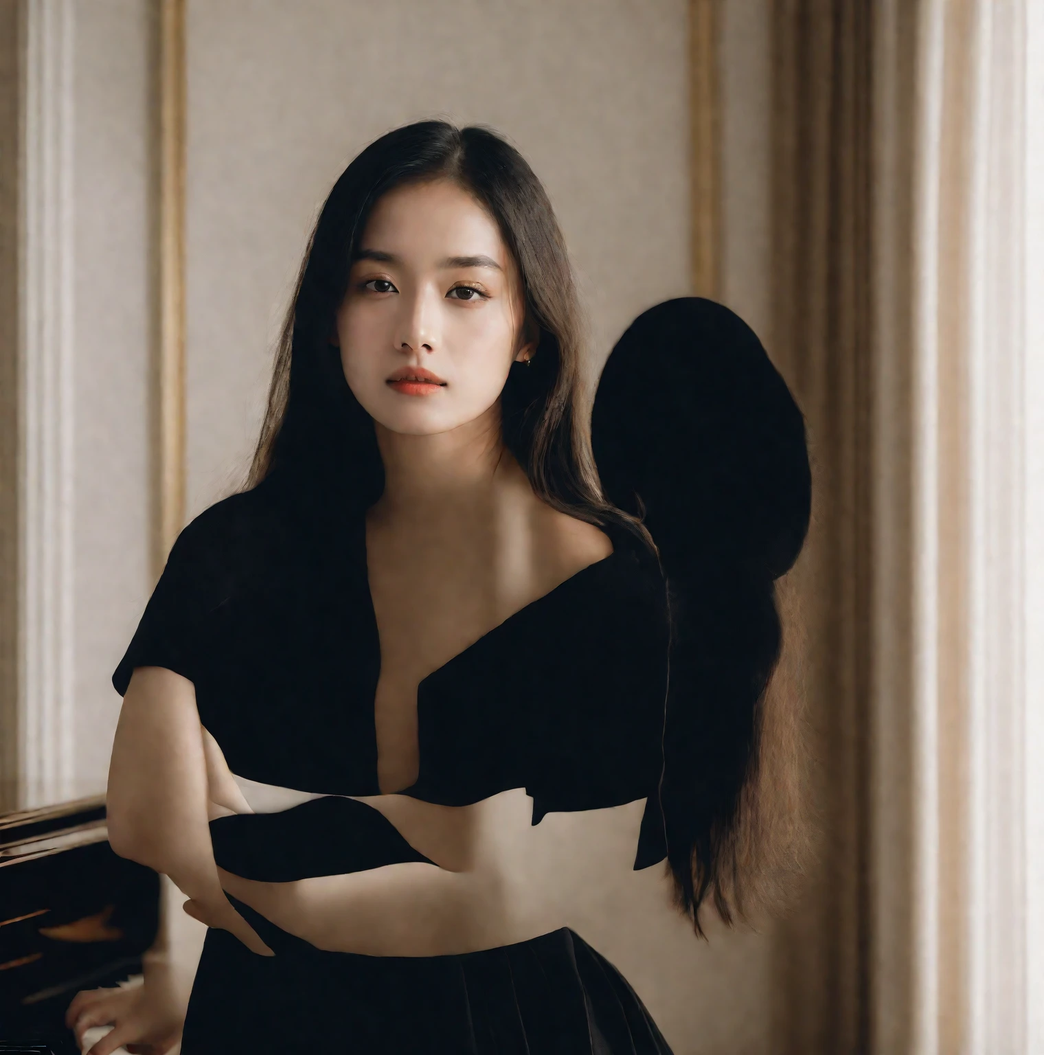 a woman standing in front of a piano in a room, black_skirt, cover photo portrait , RAW Photo, Best Quality), (Realistic, Photo Realistic: 1.3), Best Quality, Highly Detailed, Masterpiece, 1 Girl, upper_body, black_long_hair, Best Quality, golden hour light 