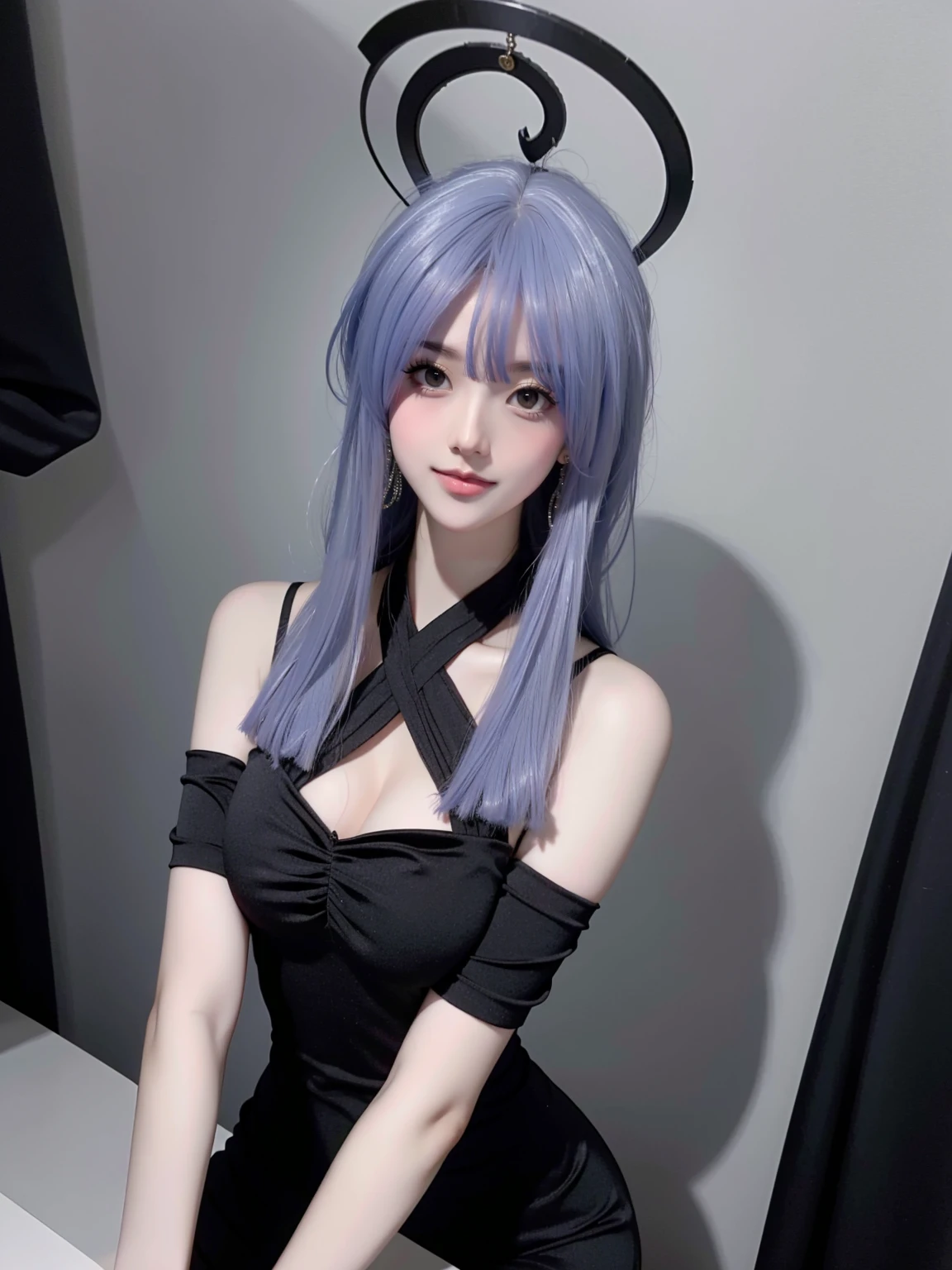 Diabolical、Wearing naughty clothes、Red Eyes、Covered with a black halo、Watching the audience、Best Image、On the table、Cross Earrings、pretty Woman、Sexy dress、Female CEO,Gray hair