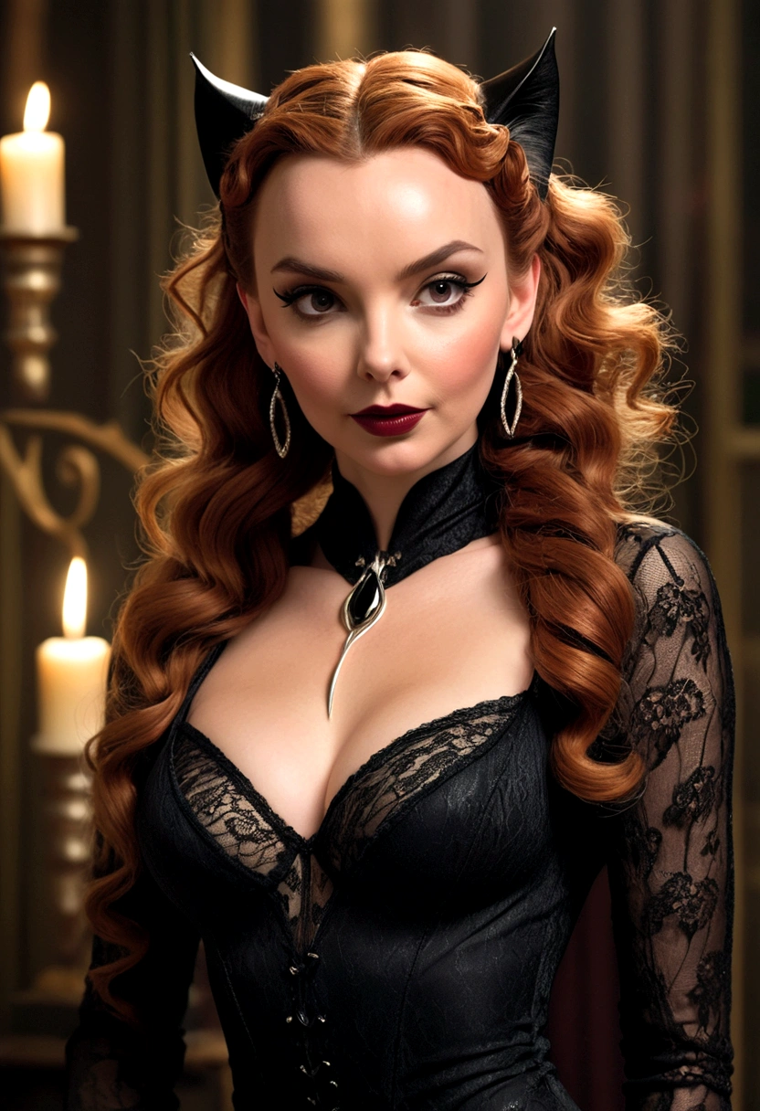 Full body shot Jodie Comer catwoman, ringlets wavy five feet long red hair, updo hairstyle with ponytail on one side and long hairpins holding the bun long braid, strong thighs, dark red glossy lips, heavy black eye shadow long black eyeliner, long sharp claws, black lace beautiful and creative catwoman bodysuit with no jewels, huge cleavage, clear ears no earrings, no earrings, no earrings, no earrings, no jewels, beautiful forehead lace ornament, posing in a feminine catwoman den, happy expression, dark ambience night time candle lights. No faces on her chest!