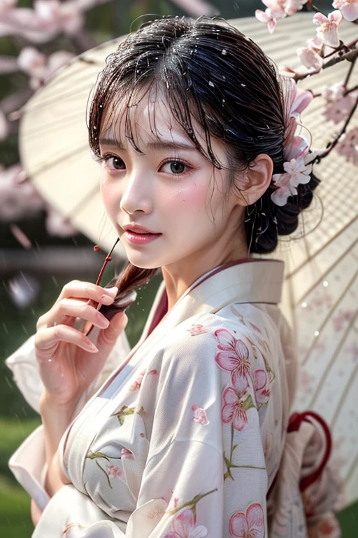 ((Highest quality、masterpiece、8K))、Anatomically correct、Very detailed、High resolution、Realistic、Beautiful white skin、Beautiful, bright, almond-shaped, detailed eyes、Well-formed nose bridge、Intricate details、((Wet kimono with cherry blossom pattern 1.1))、((Wet Hair:1.1))、((Wet Skin:1.1))、((rain:1.2)),Spread your arms