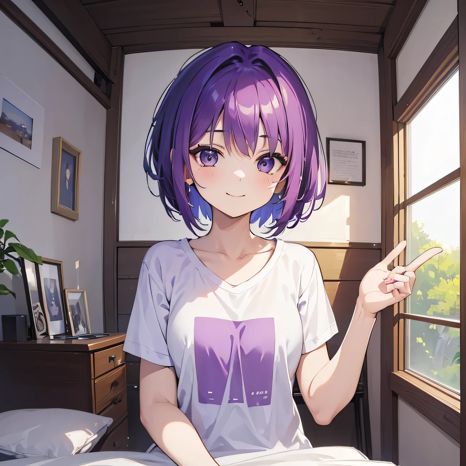 (T Masterpiece，4k wallpaper，Best Quality))、((girl１people))、(solo)、Bright and Brilliant，(Purple Hair)、(short hair:1.3)、smile、Bedroom、T-Shirtorning