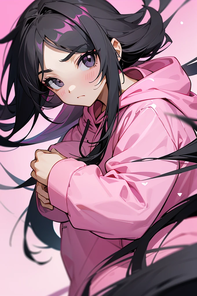 Again Girl A8 R2,1girl,close up,black long hair,solo,looking at viewer,black eyes,closed mouth,(pink hoodie clothes:1.4),
