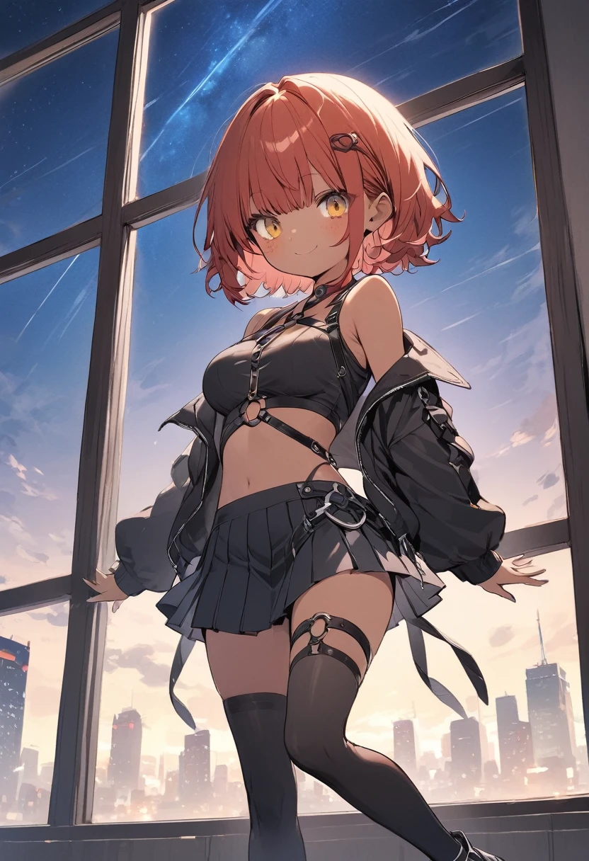 full body,1 girl, (cute:1.3),short red Hair, left eye blue, right eye yellow, tan skin, freckles, wearing open sexy clothes, black skirt, Black stockings, long sleeves, chest harness, black shirt, crop top, miniskirt, Shoes, O-Ring, midriff, off shoulder, medium breasts, thigh strap, pleated skirt, standing in front of a window looking out at the city, during midnight, sky full of stars.